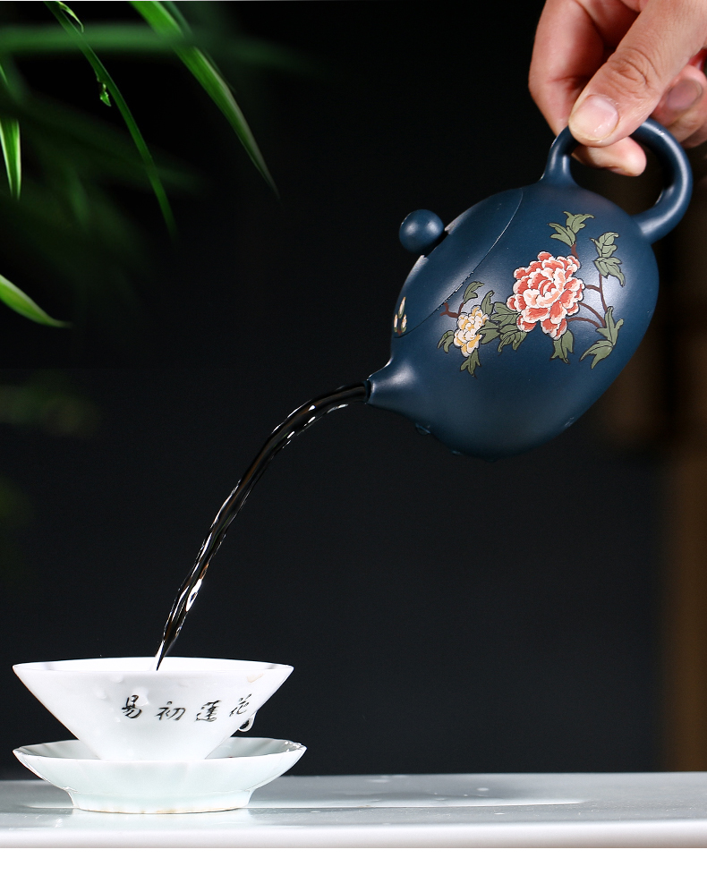 純手工紫砂壺，小巧琺瑯印花紫砂壺